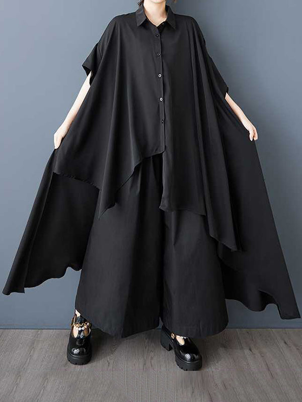 Asymmetric Buttoned Pockets Solid Color A-Line Half Sleeves Lapel Shirt Dress Midi Dresses