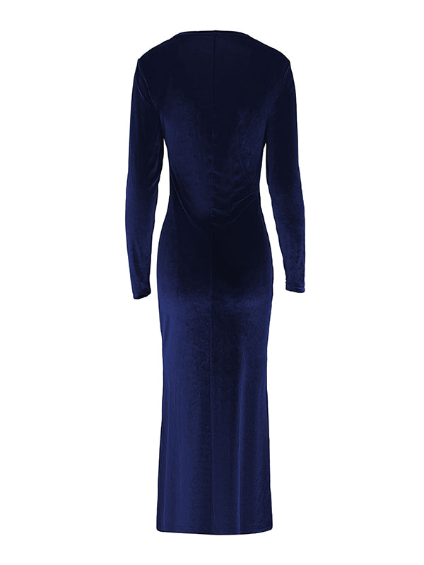 Pleated Solid Color Split-Joint Bodycon Long Sleeves V-Neck Maxi Dresses Evening Dresses