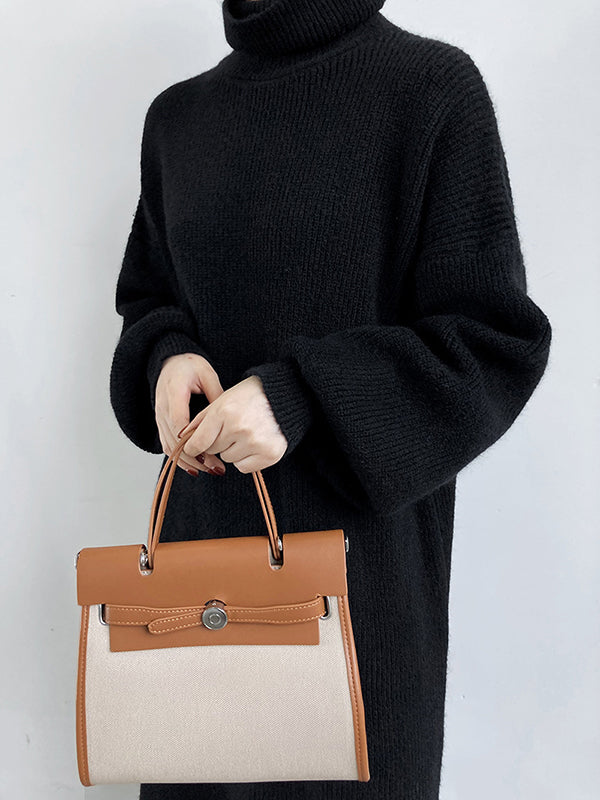 Urban Loose Puff Sleeves Solid Color High-Neck Sweater Dresses