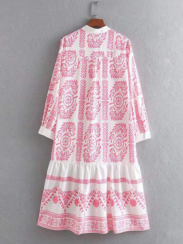 Leaves Print Printed Long Sleeves Loose Stand Collar Midi Dresses