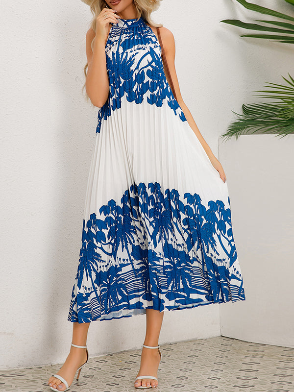 Hollow Pleated Printed Tied A-Line Loose Mock Neck Midi Dresses