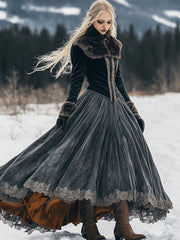 Velvet Patchwork Wool Long Sleeve Retro Maxi Dress