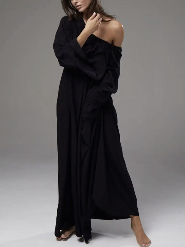 Pleated Solid Color Split-Joint A-Line Flared Sleeves Round-Neck Maxi Dresses