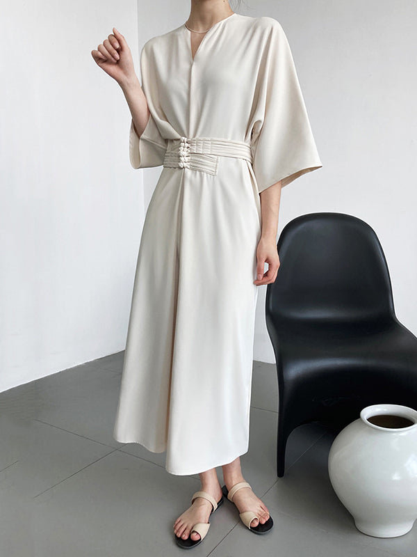 Vintage Loose Half Sleeves Buttoned H-Line Midi Dress