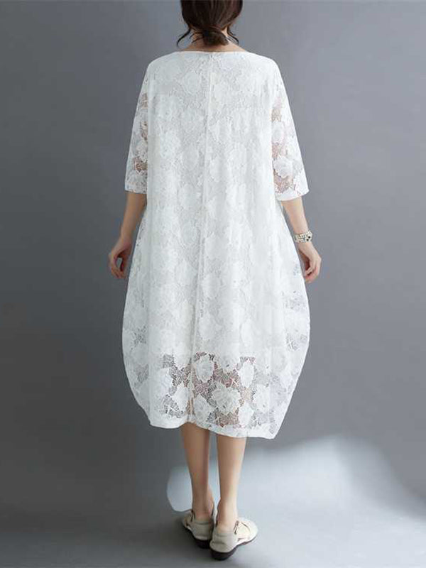 Hollow Solid Color Half Sleeves Loose Round-Neck Midi Dresses