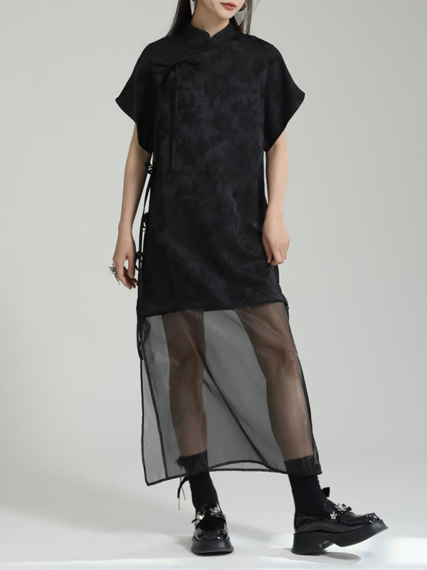 Gauze Jacquard Solid Color False Two Short Sleeves Stand Collar Midi Dresses Long Cheongsams