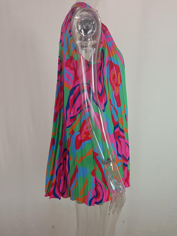 Pleated Printed Loose Plus Size Halter-Neck Short Dresses Mini Dresses