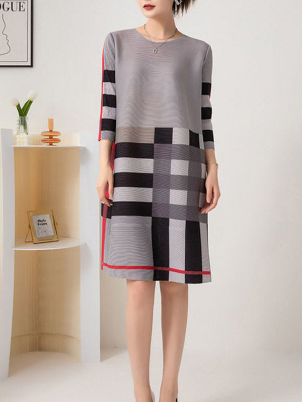 Contrast Color Plaid Pleated A-Line Loose Round-Neck Mini Dresses