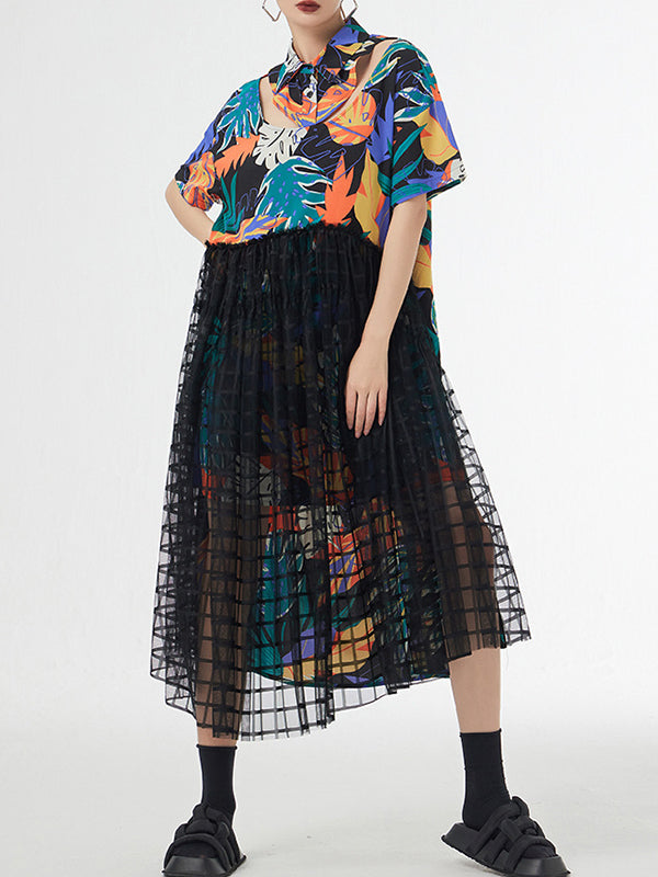 Buttoned Hollow Mesh Printed Split-Joint A-Line Loose Lapel Midi Dresses
