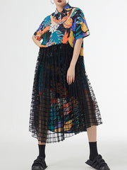 Buttoned Hollow Mesh Printed Split-Joint A-Line Loose Lapel Midi Dresses