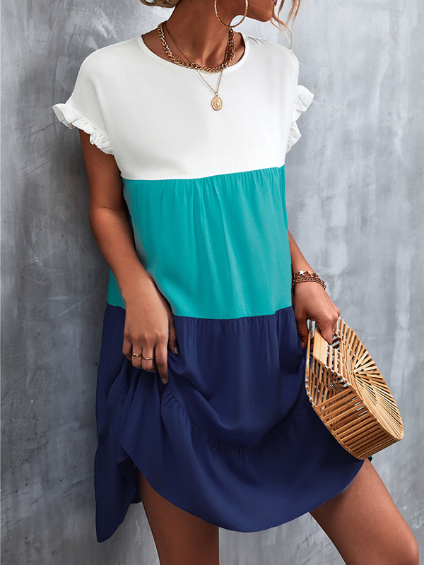 Contrast Color Falbala Pleated Split-Joint Loose Ruffle Sleeves Round-Neck Mini Dresses
