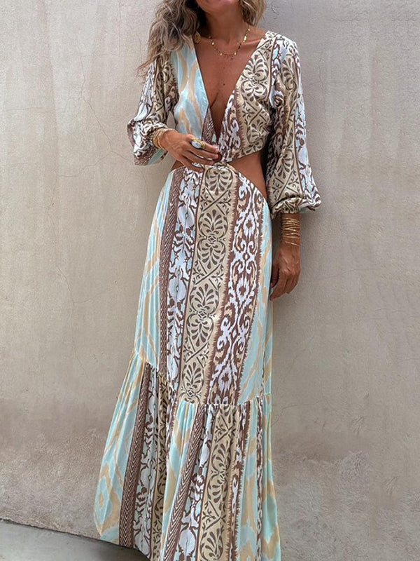 Flower Printed Asymmetry Long Sleeves Bohemia Maxi Dresses