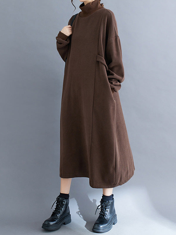 Solid Color A-Line Long Sleeves Mock Neck Midi Dresses