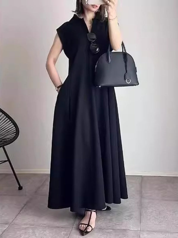 Pleated Solid Color Loose Raglan Sleeve Lapel Maxi Dresses