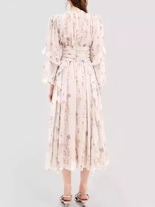 Floral Printed Long Sleeves Ruffled Elegant Chiffon Maxi Dresses