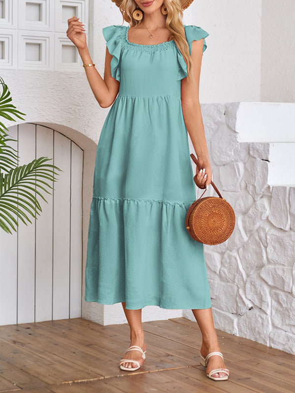 Elasticity Pleated Ruffled Solid Color Split-Joint A-Line Loose Off-The-Shoulder Midi Dresses