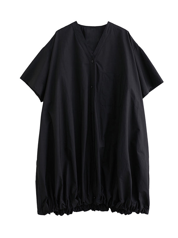 Solid Color Loose Short Sleeves V-neck Midi Dresses