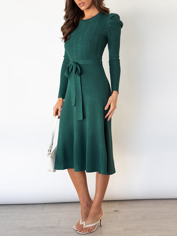 Solid Color Tied Waist High Waisted Long Sleeves Round-Neck Sweater Dresses Midi Dresses