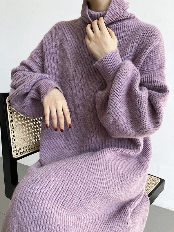 Urban Loose Puff Sleeves Solid Color High-Neck Sweater Dresses