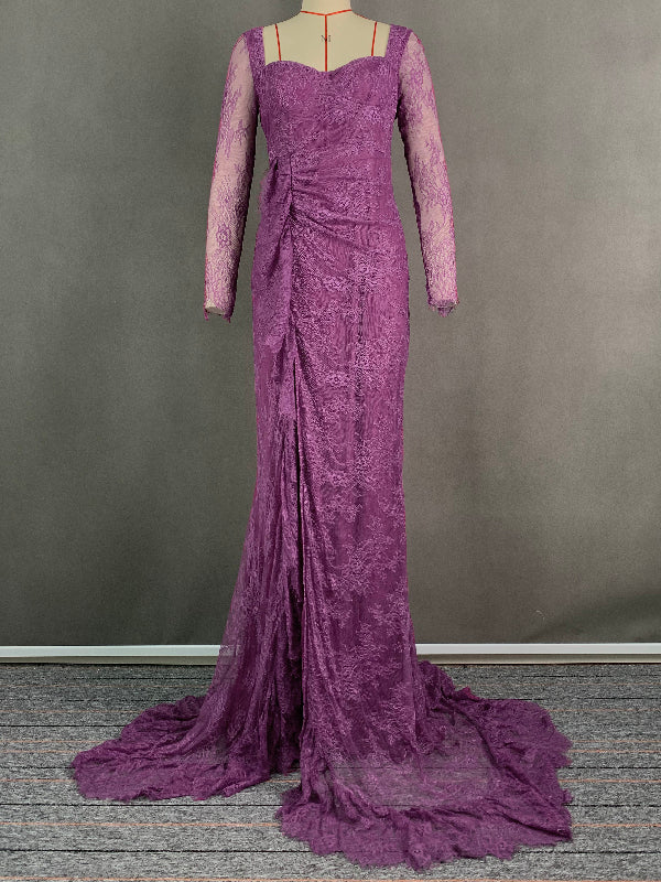 Mesh See-Through Split-side Long Sleeves Mermaid Square-neck Maxi Dresses Evening Dresses