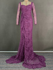 Mesh See-Through Split-side Long Sleeves Mermaid Square-neck Maxi Dresses Evening Dresses