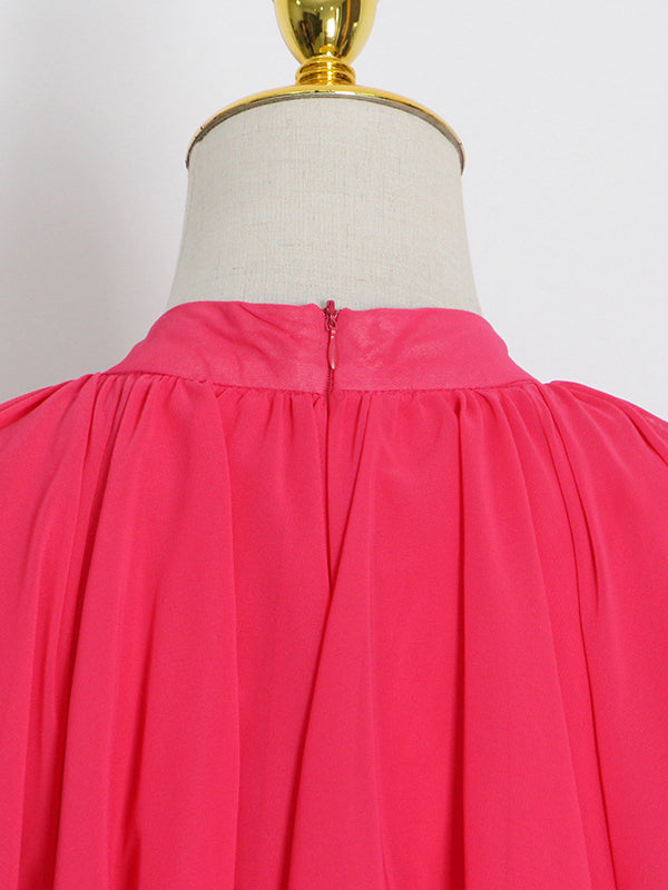 Solid Color Tiered Loose Raglan Sleeve Stand Collar Maxi Dresses