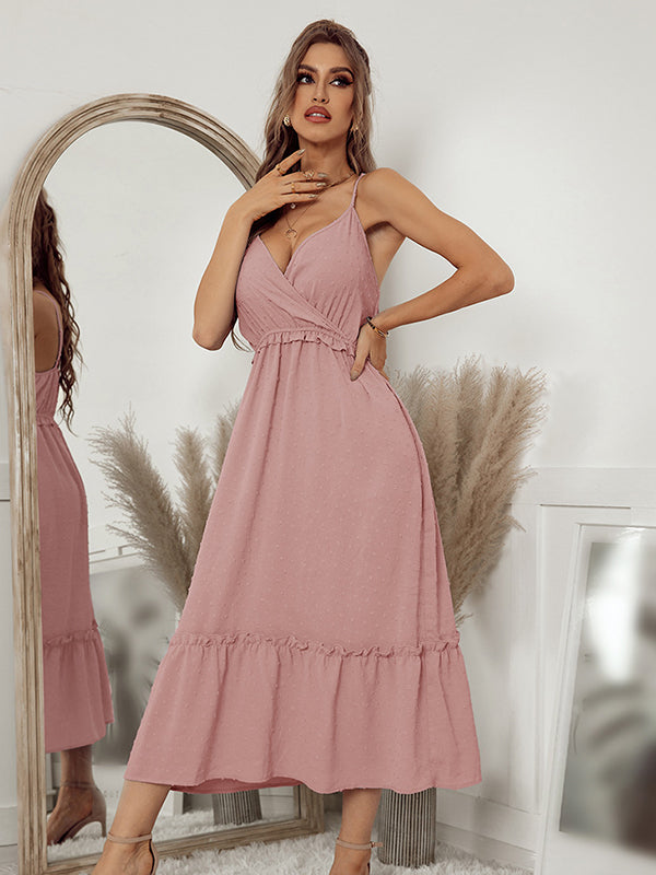 Vacation A-Line Solid Color V-Neck Dress