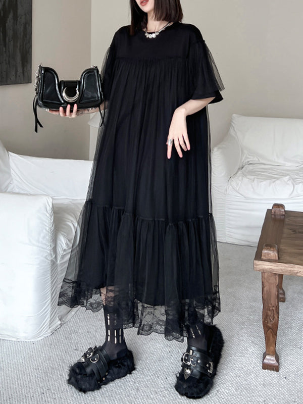 Gauze Pleated Solid Color Split-Joint Tiered Fake Two-Piece Loose Round-Neck Midi Dresses