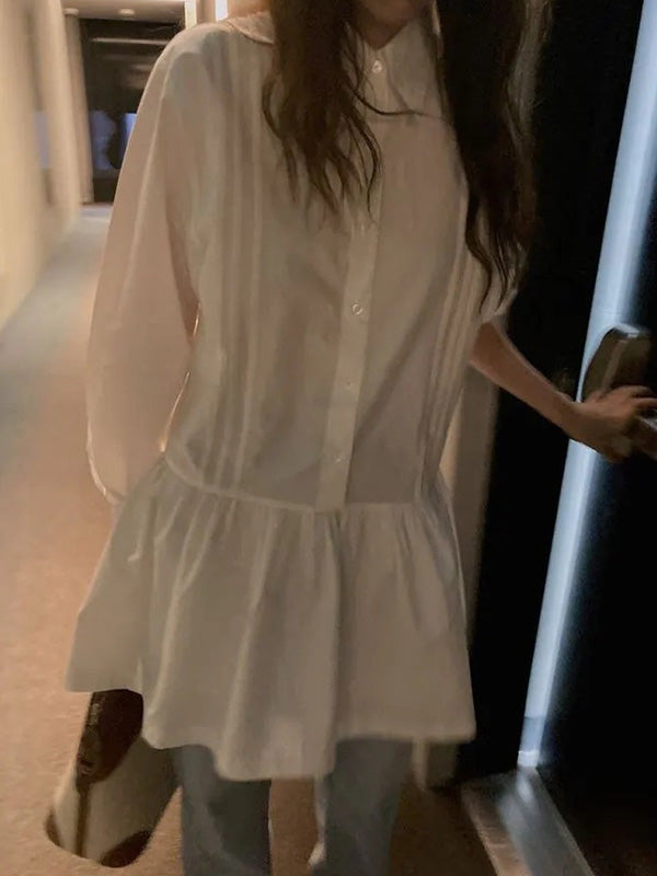 Buttoned Pleated Solid Color A-Line Long Sleeves Lapel Shirt Dress Mini Dresses