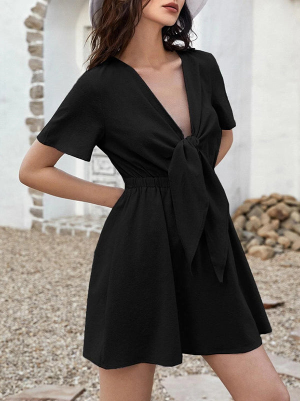 Elasticity Knot Pleated Solid Color A-Line Loose Deep V-Neck Mini Dresses