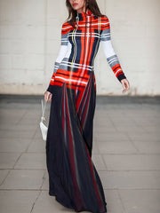 Long Sleeves Contrast Color Pleated Mock Neck Maxi Dresses