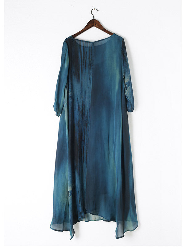 Artistic Retro 2 Pieces Printed Round-Neck Loose Maxi Dress