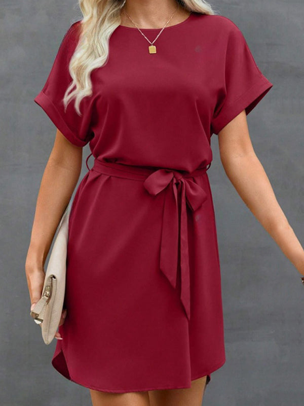 Solid Color Tied Waist Loose Short Sleeves Round-Neck Mini Dresses