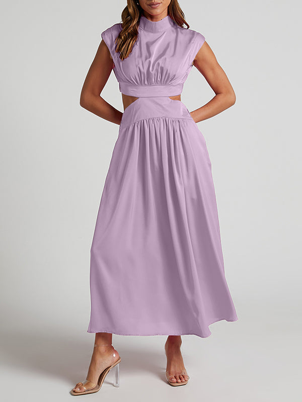Belly-Hollow Pleated Solid Color Cap Sleeve Stand Collar Maxi Dresses
