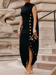 Solid Color Split-side Loose Sleeveless Shawl Collar Maxi Dresses