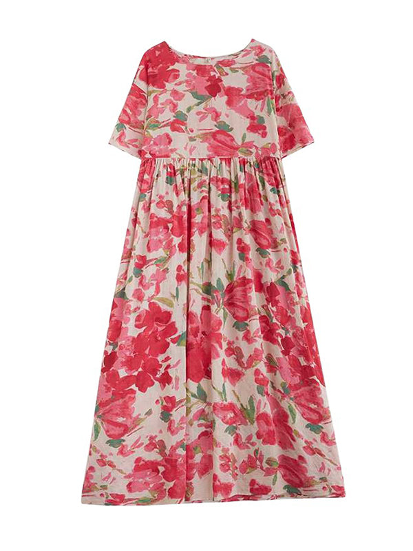 Flower Print Pleated Split-Joint A-line Batwing Sleeves Round-neck Midi Dresses
