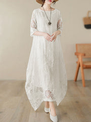 Gauze See-Through Solid Color Half Sleeves Loose Round-Neck Maxi Dresses
