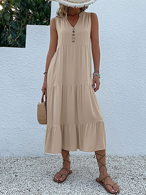 Pleated Split-Joint Loose Sleeveless V-Neck Midi Dresses
