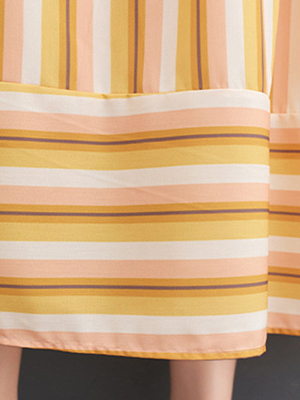 Split-Joint Striped Loose Short Sleeves Lapel Midi Dresses