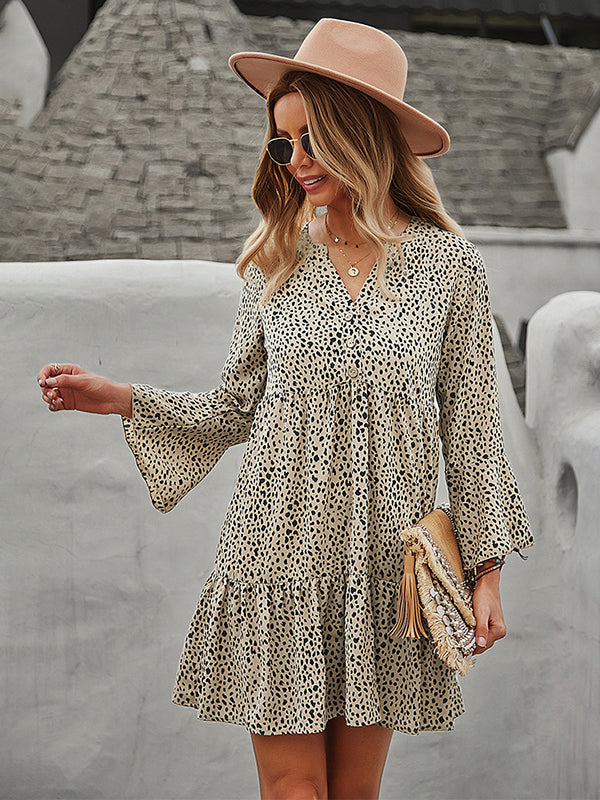 V-Neck Polka Dot Long Flare Sleeves Mini Dress