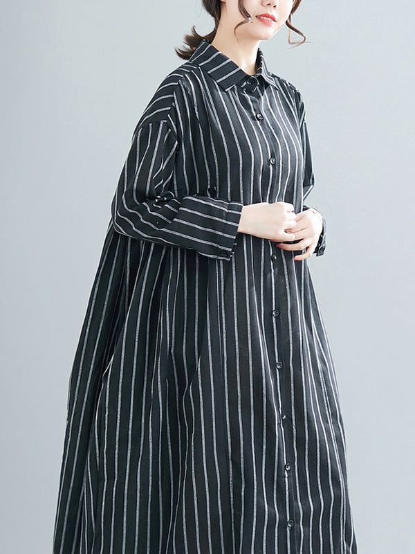 Simple Striped Buttoned Lapel Long Sleeves Shirt Dress