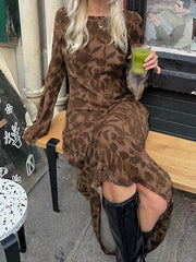 Vintage Print Trumpet Sleeve Maxi Dress