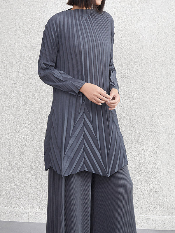 Pleated Solid Color A-Line Long Sleeves Round-Neck Mini Dresses