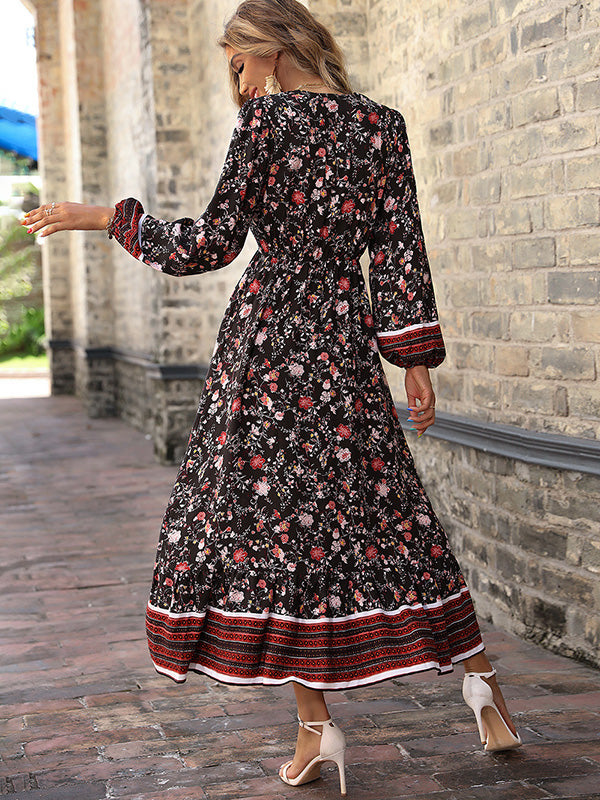 Bohemia Puff Sleeves Floral Printed V-Neck Dress