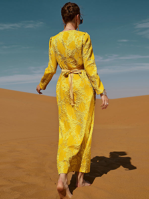 Vacation Loose A-Line Lace-Up Embroidered Solid Color V-Neck Dress