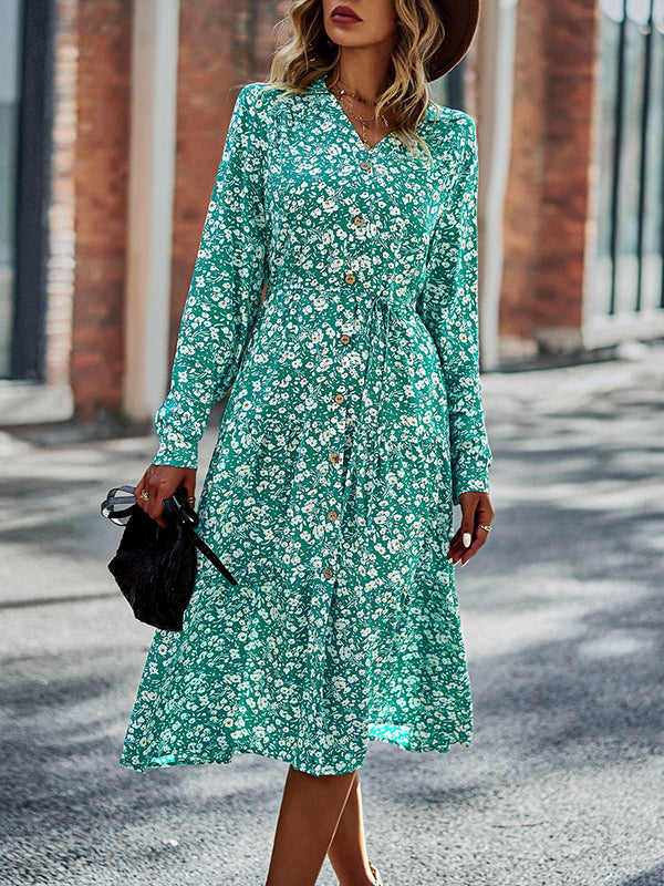 Bohemia Long Sleeves Floral Printed V-Neck Dress