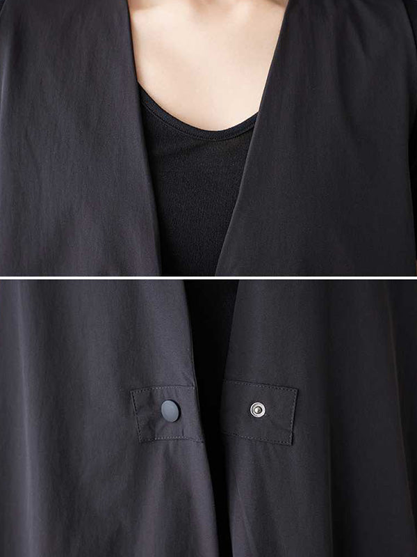 Buttoned Pleated Pockets Solid Color A-Line Loose V-Neck Vest Outerwear Midi Dresses
