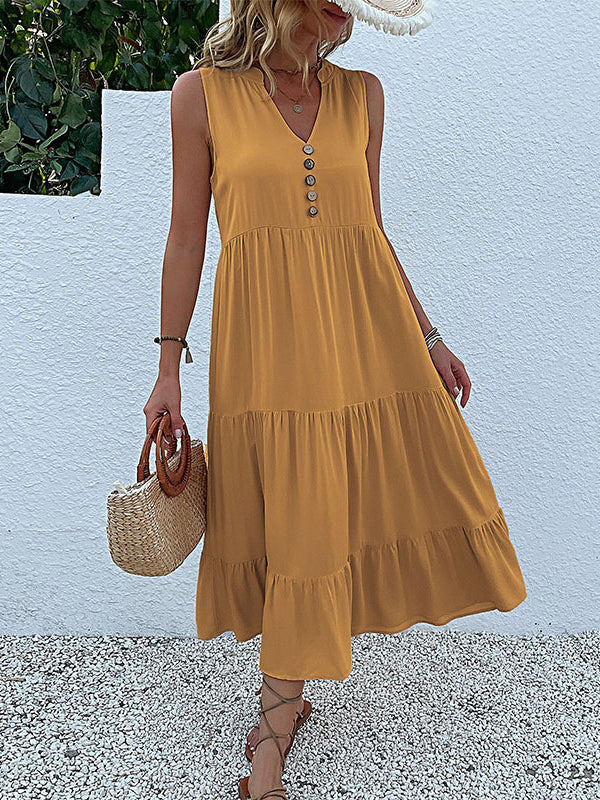 Pleated Split-Joint Loose Sleeveless V-Neck Midi Dresses
