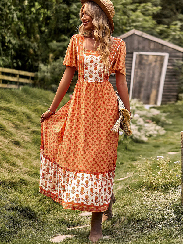 Bohemia Flared Sleeves Loose Floral Printed U-Neck Maxi Dress