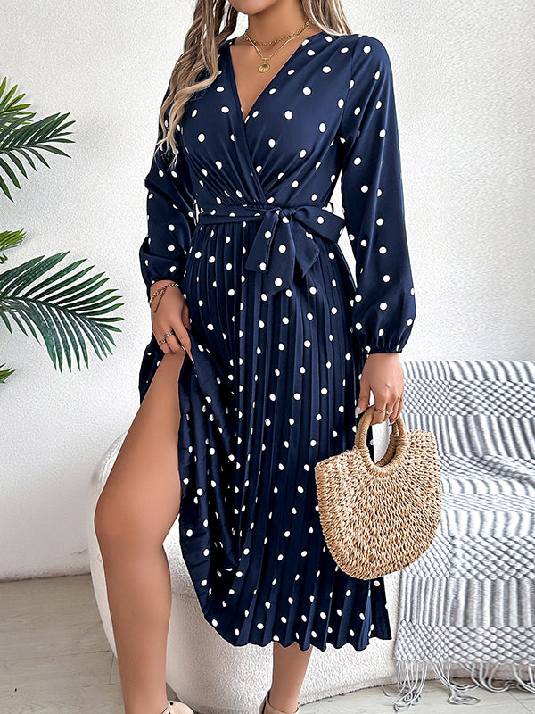 Elasticity Pleated Polka-Dot Split-Joint Tied Waist A-Line High Waisted V-Neck Shirt Dress Midi Dresses